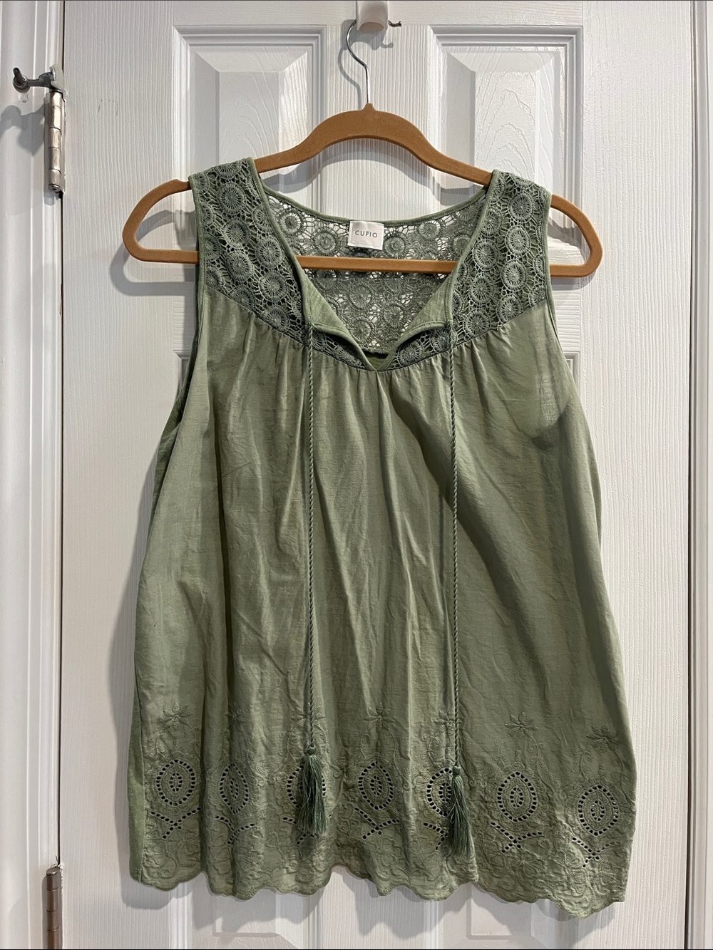 Cupio Olive Green Crochet Yoke Tassel Tank